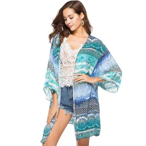 Boho Style Printed Long Kimono Chiffon Blouse