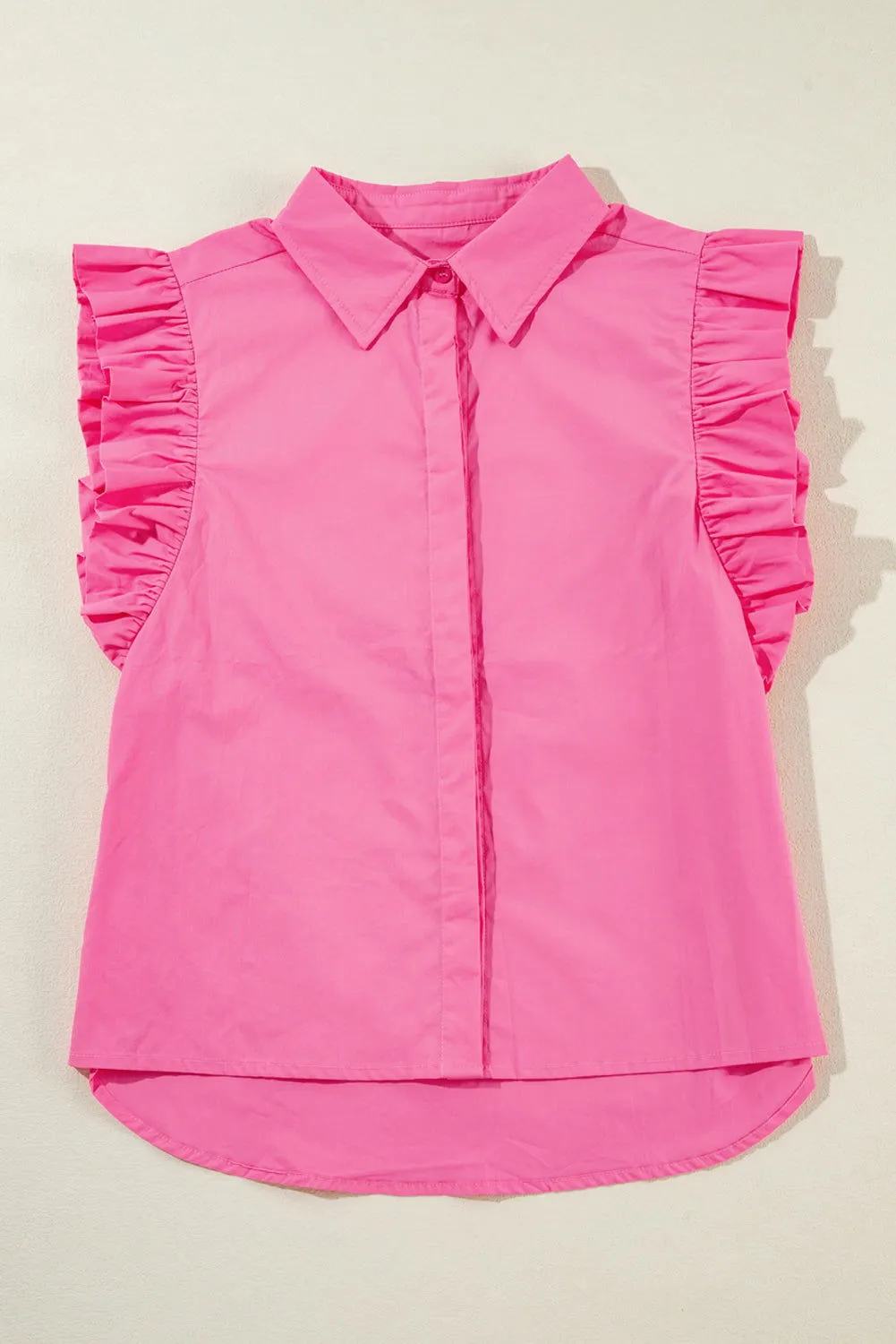 Bonbon Button Up Collared Ruffle Trim Sleeveless Shirt