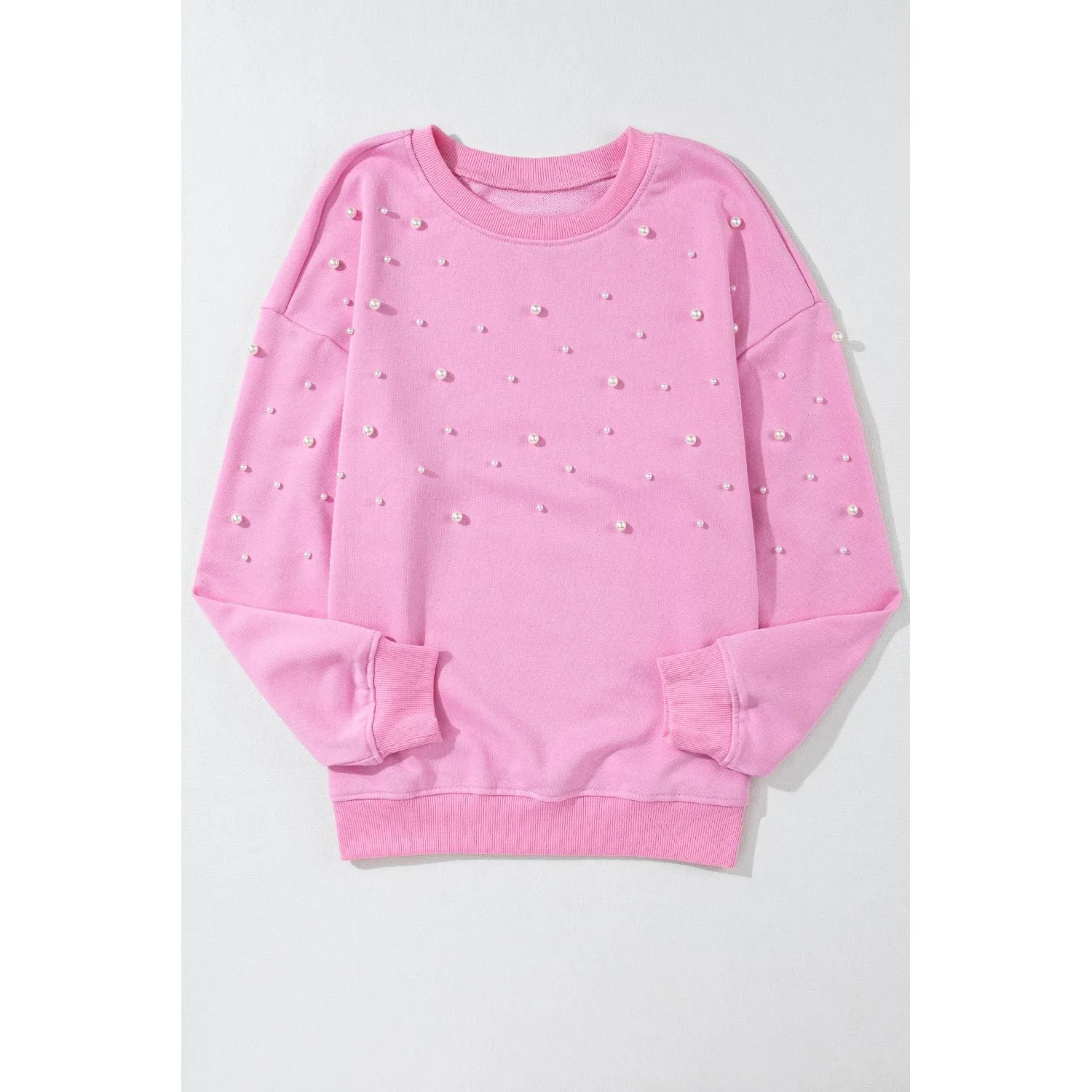 Bonbon Pearl Detail Ribbed Crew Neck Sweatshirt