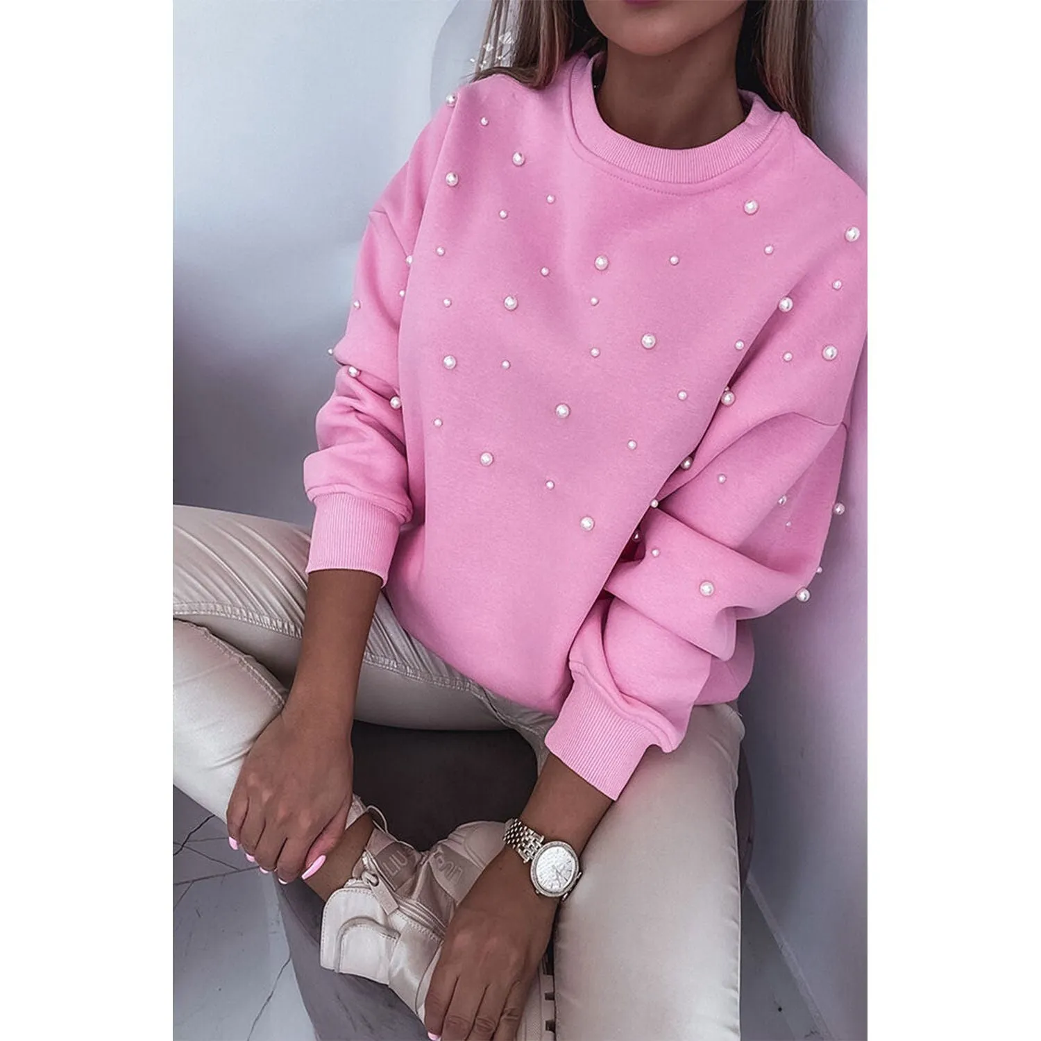 Bonbon Pearl Detail Ribbed Crew Neck Sweatshirt