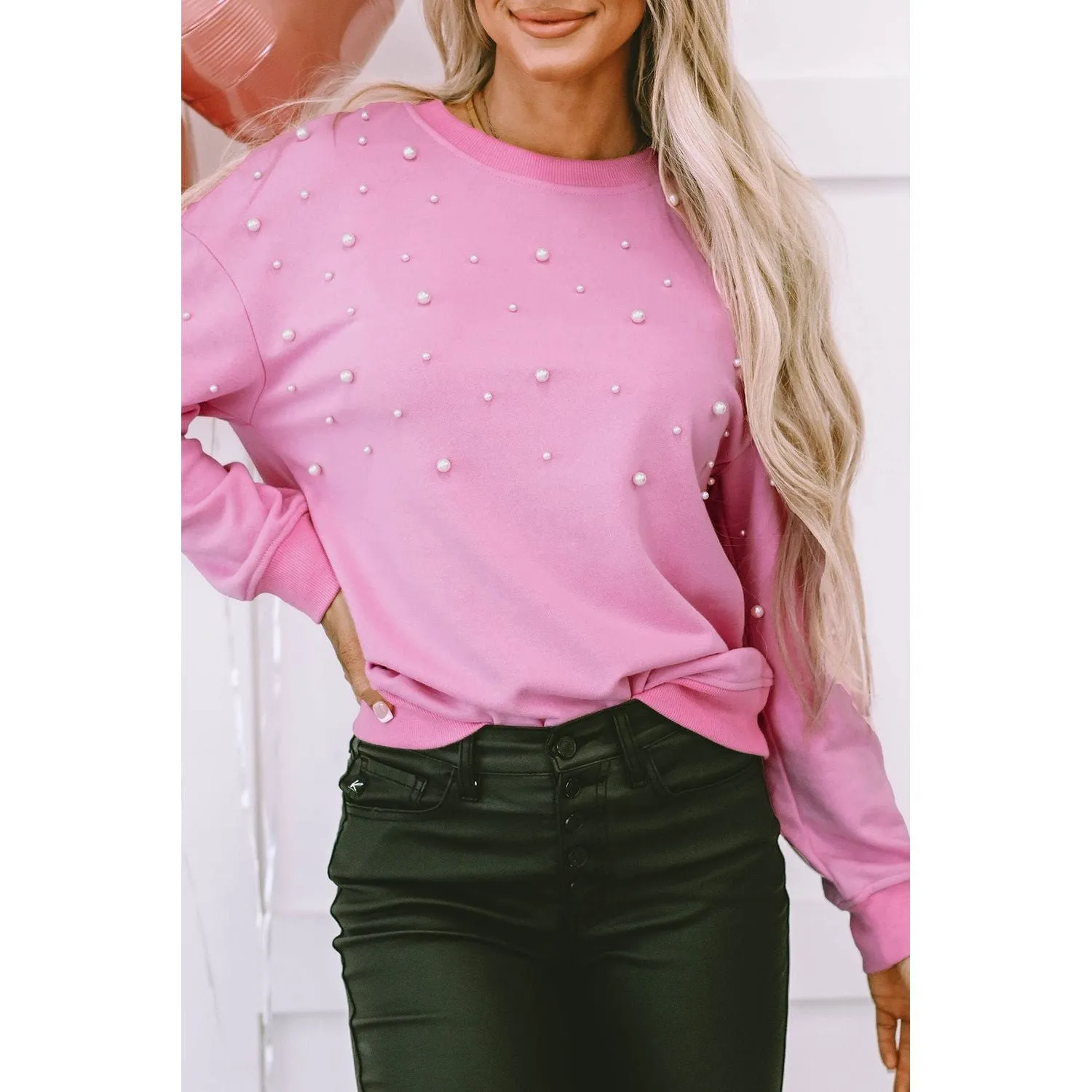 Bonbon Pearl Detail Ribbed Crew Neck Sweatshirt