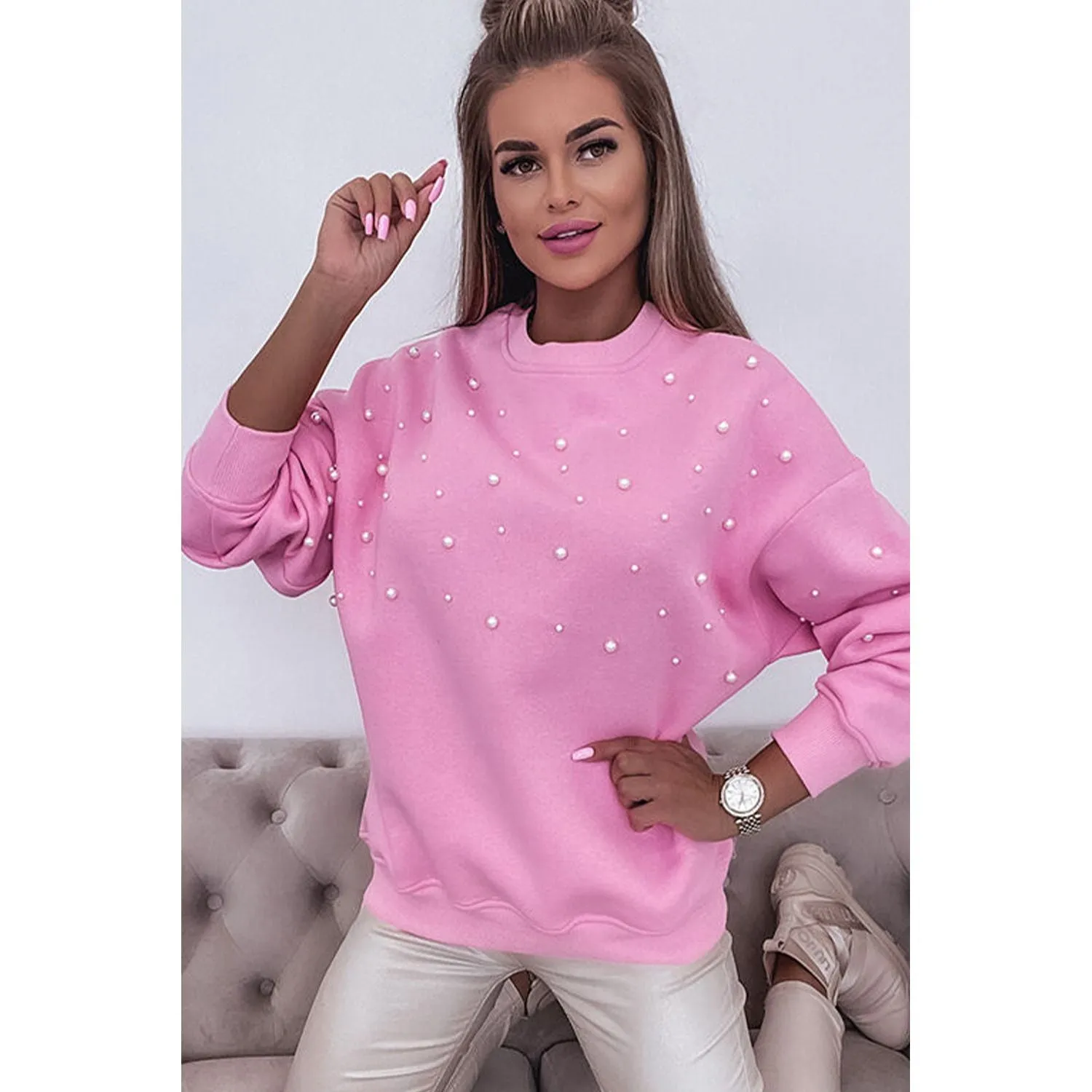 Bonbon Pearl Detail Ribbed Crew Neck Sweatshirt