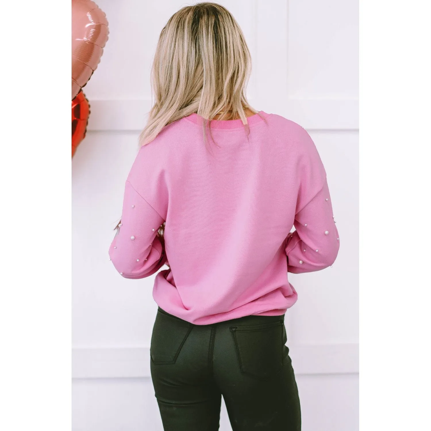 Bonbon Pearl Detail Ribbed Crew Neck Sweatshirt