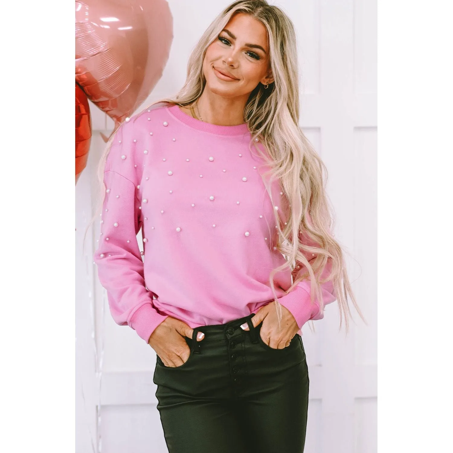 Bonbon Pearl Detail Ribbed Crew Neck Sweatshirt