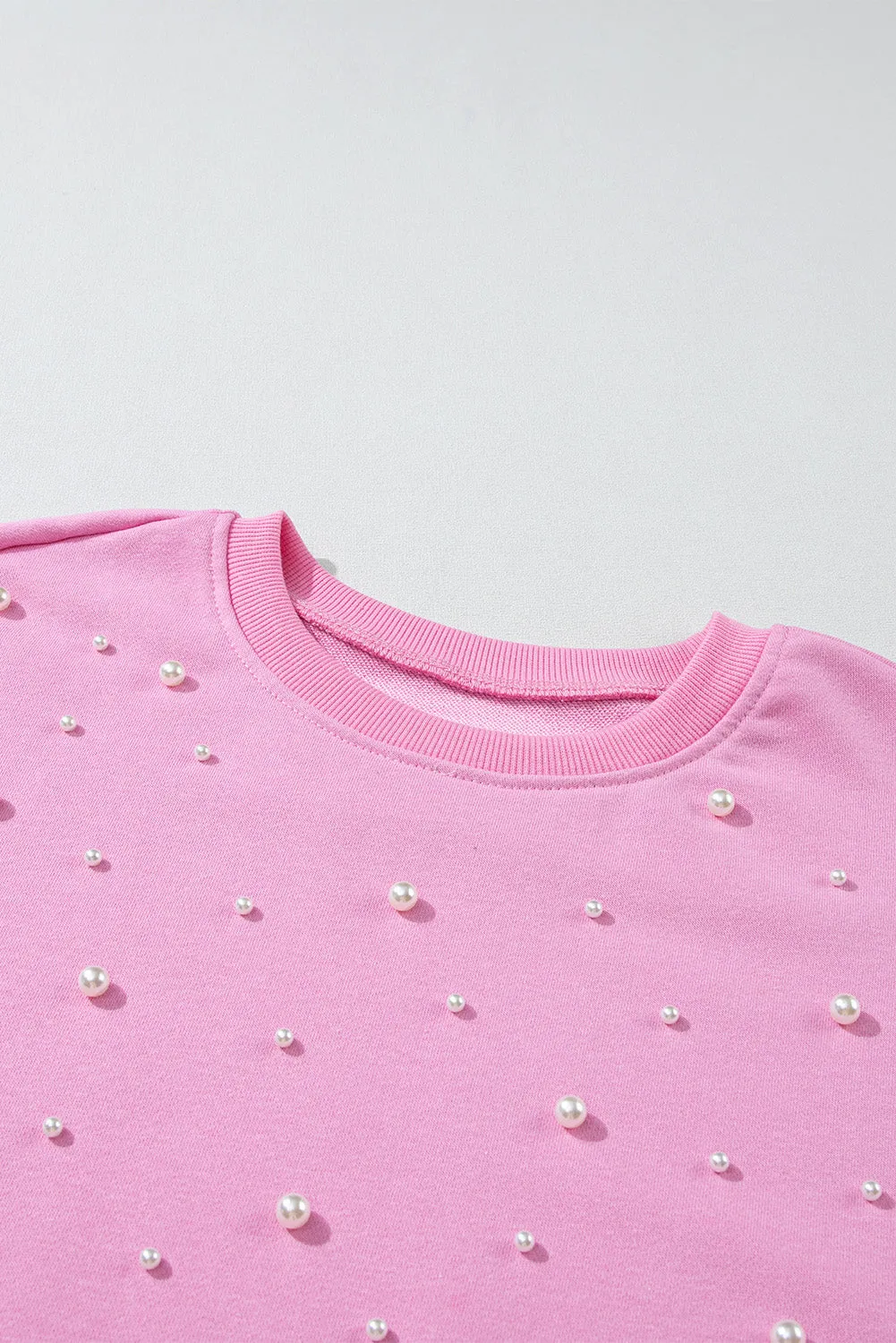 Bonbon Pearl Detail Ribbed Crew Neck Sweatshirt