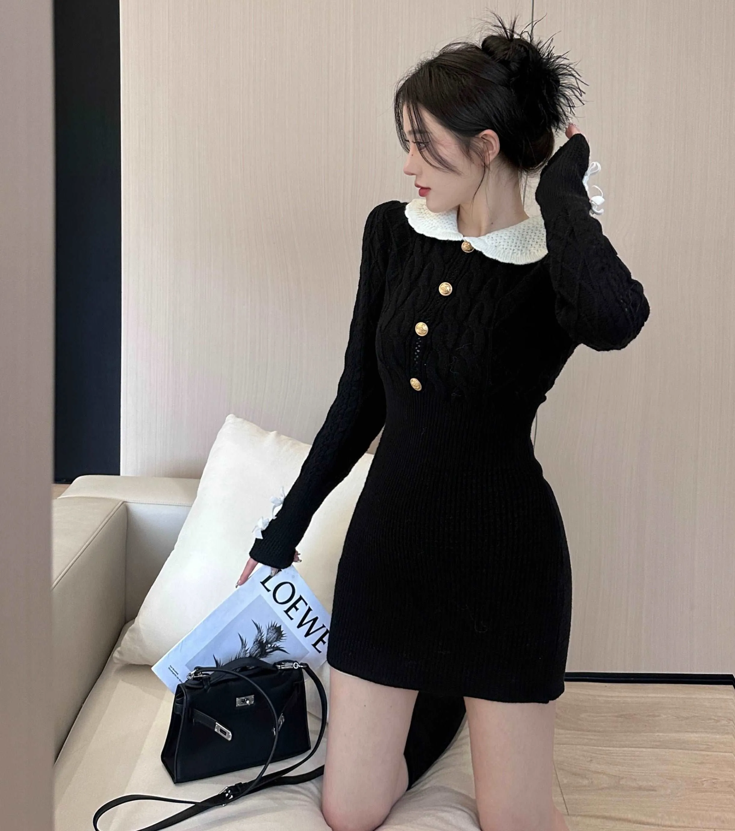 Bow Ribbon Classy Fit Autumn Winter Pink Black Knit Dress