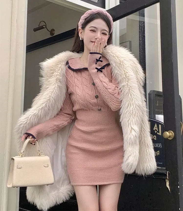 Bow Ribbon Classy Fit Autumn Winter Pink Black Knit Dress