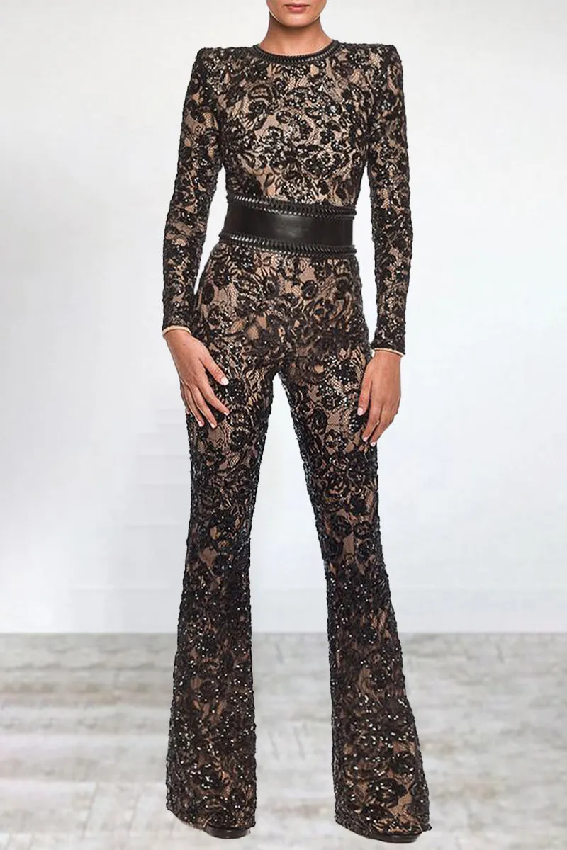 Celebrities Elegant Solid Lace Patchwork With Belt O Neck Regular Jumpsuits