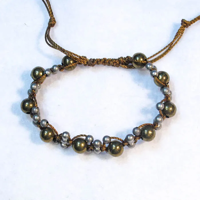 Complex Design Macrame Bracelet with Pewter & Brass Beads