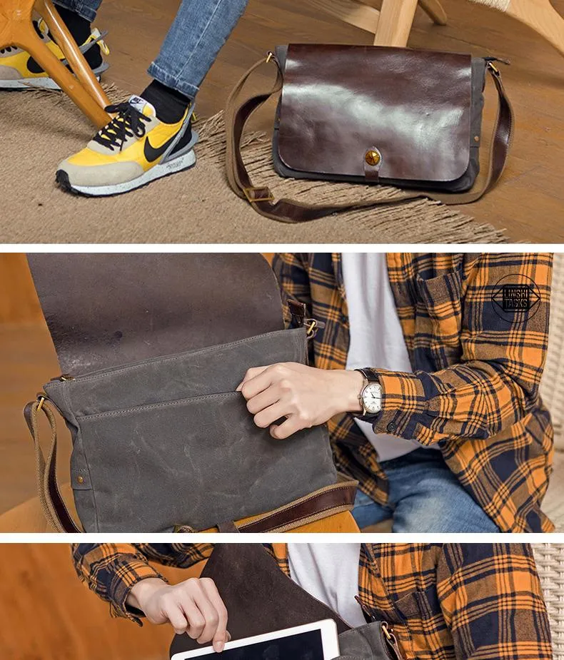 Cool Black Canvas Leather Mens Brown Courier Bag Messenger Bags Casual Postman Bags for Men