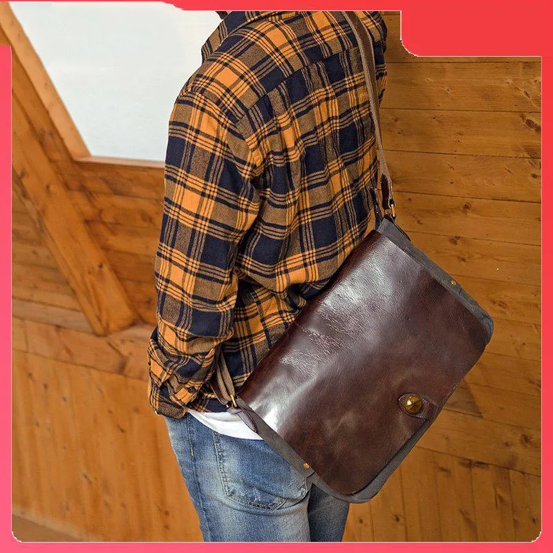 Cool Black Canvas Leather Mens Brown Courier Bag Messenger Bags Casual Postman Bags for Men