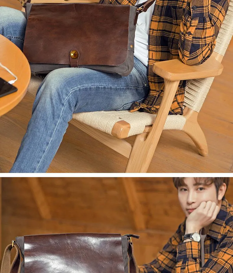 Cool Black Canvas Leather Mens Brown Courier Bag Messenger Bags Casual Postman Bags for Men