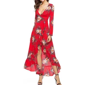 Deep V Neck Floral Print Ruffle Chiffon Long Dress