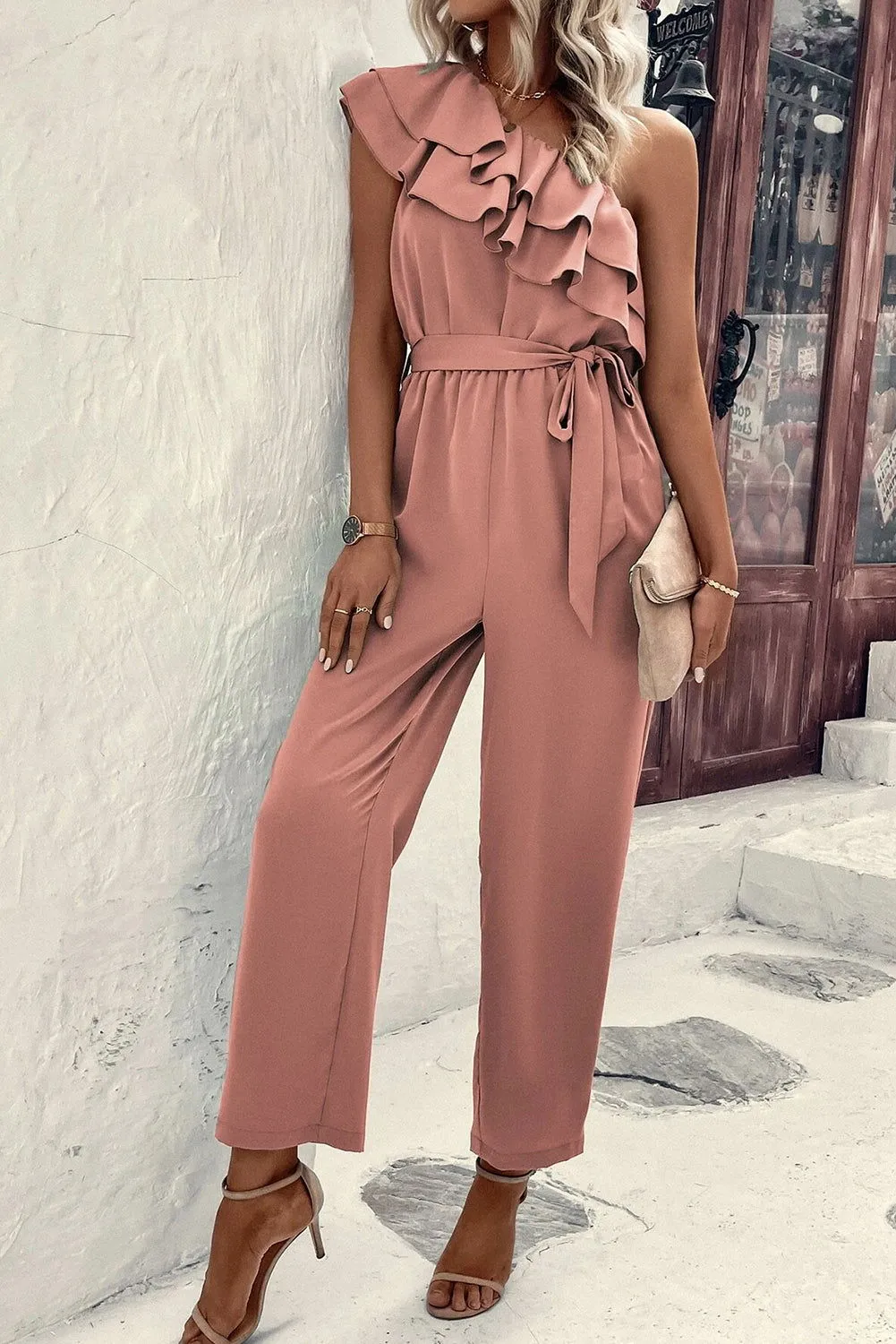 Dusty Pink Asymmetric Shoulder Ruffle Trim Belted Jumpsuit