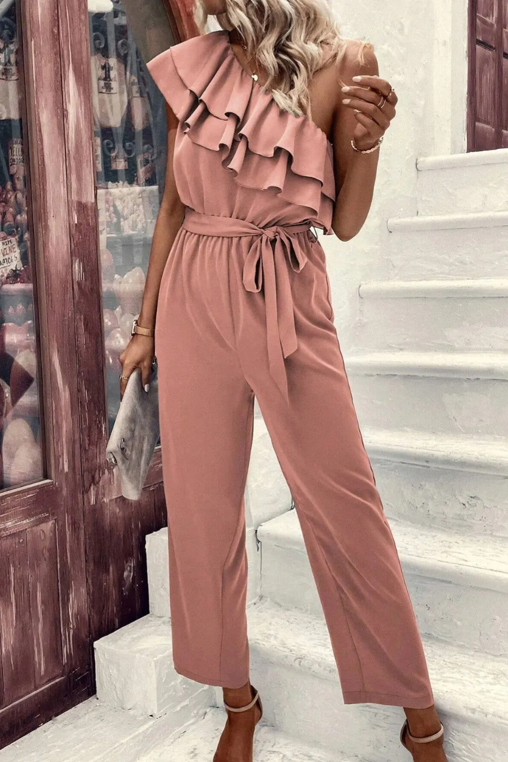 Dusty Pink Asymmetric Shoulder Ruffle Trim Belted Jumpsuit