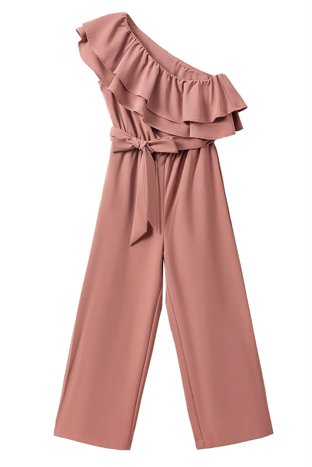 Dusty Pink Asymmetric Shoulder Ruffle Trim Belted Jumpsuit