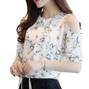 Elegant Chiffon Floral Print Open Shoulder Blouse