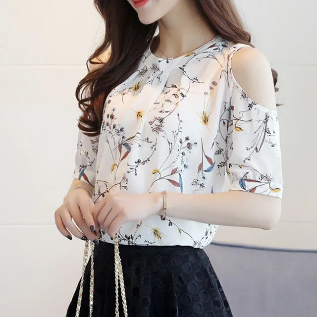 Elegant Chiffon Floral Print Open Shoulder Blouse