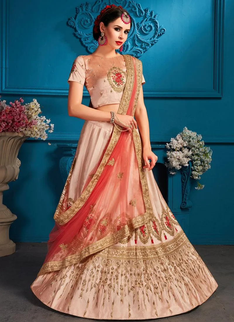 Elegant Peach Color Satin Embroidered Lehenga Choli