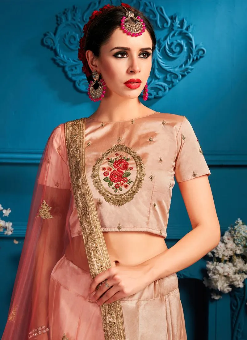 Elegant Peach Color Satin Embroidered Lehenga Choli