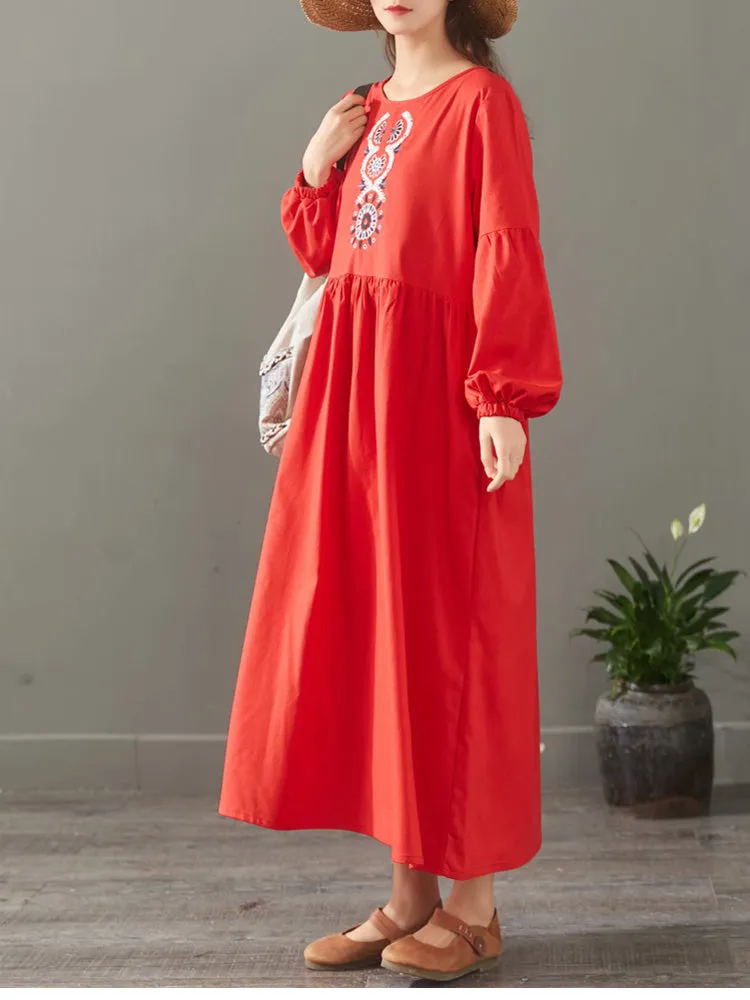 Elegant Pure Color Embroidery Cotton Maxi Dresses For Women 1523