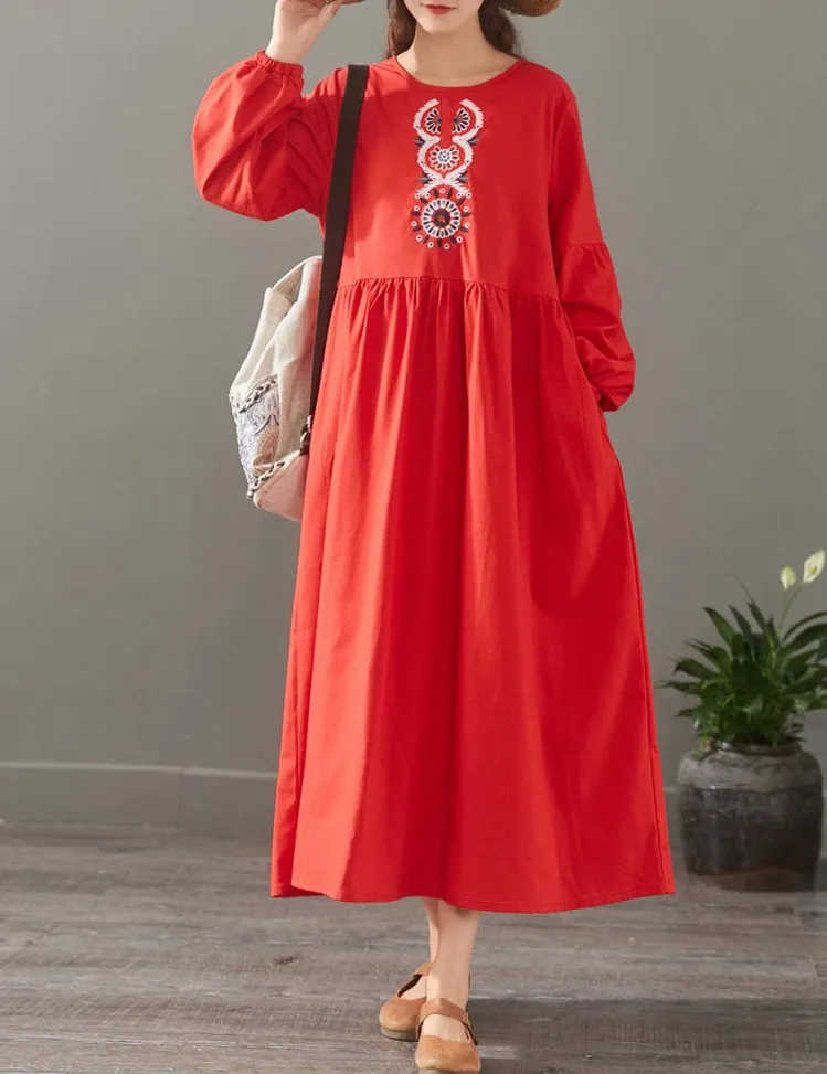 Elegant Pure Color Embroidery Cotton Maxi Dresses For Women 1523