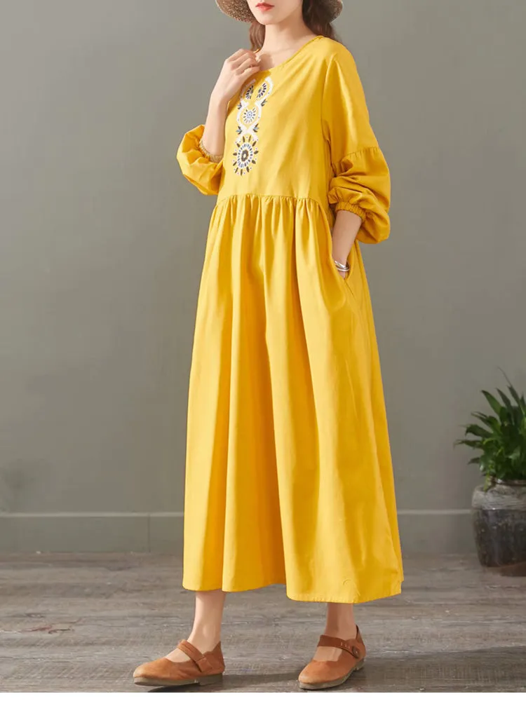 Elegant Pure Color Embroidery Cotton Maxi Dresses For Women 1523