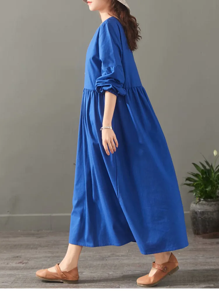 Elegant Pure Color Embroidery Cotton Maxi Dresses For Women 1523