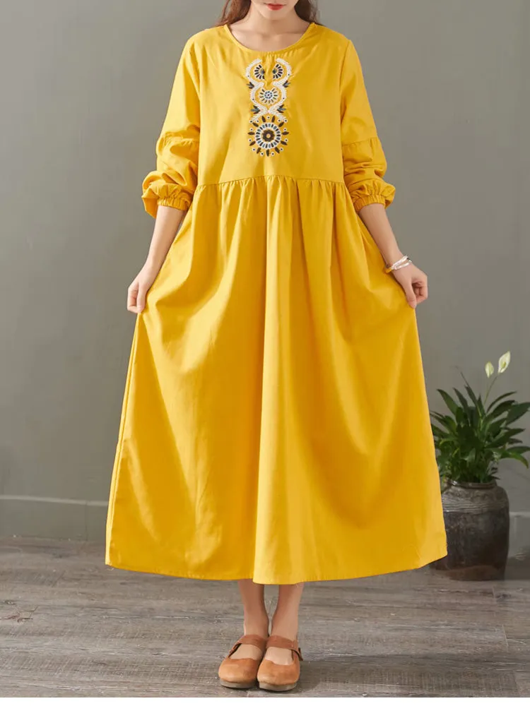 Elegant Pure Color Embroidery Cotton Maxi Dresses For Women 1523