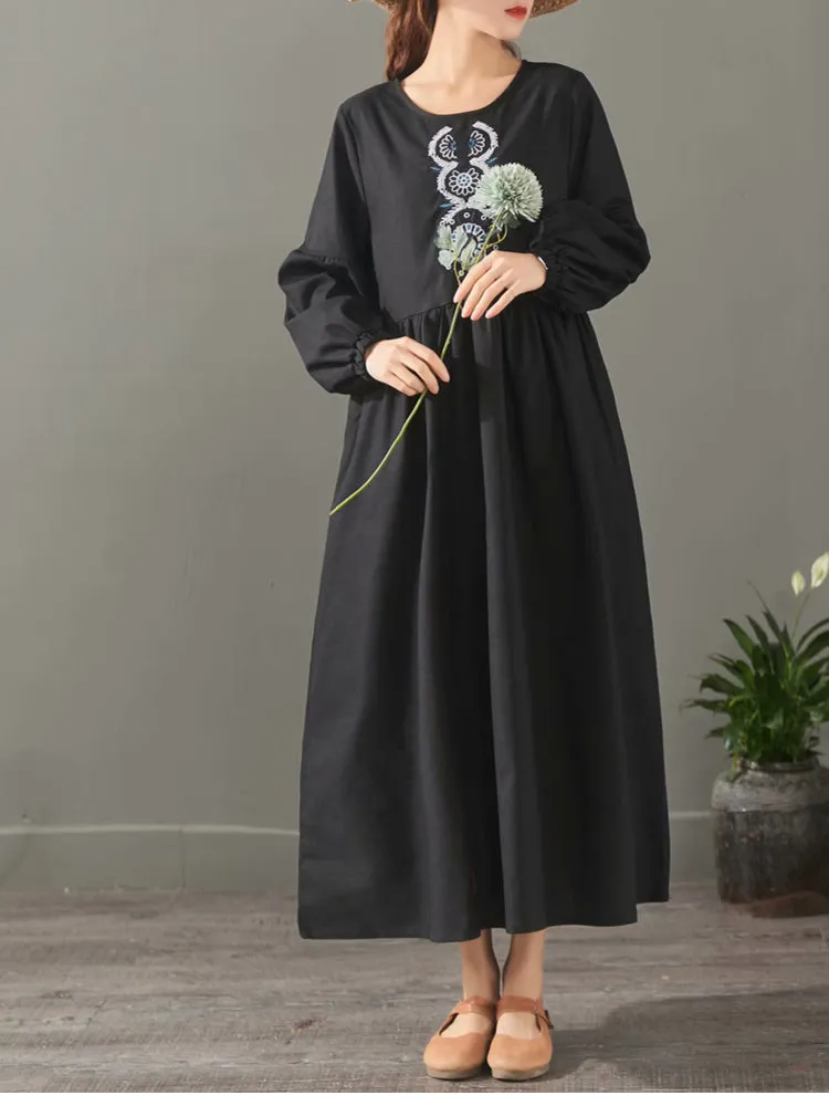 Elegant Pure Color Embroidery Cotton Maxi Dresses For Women 1523