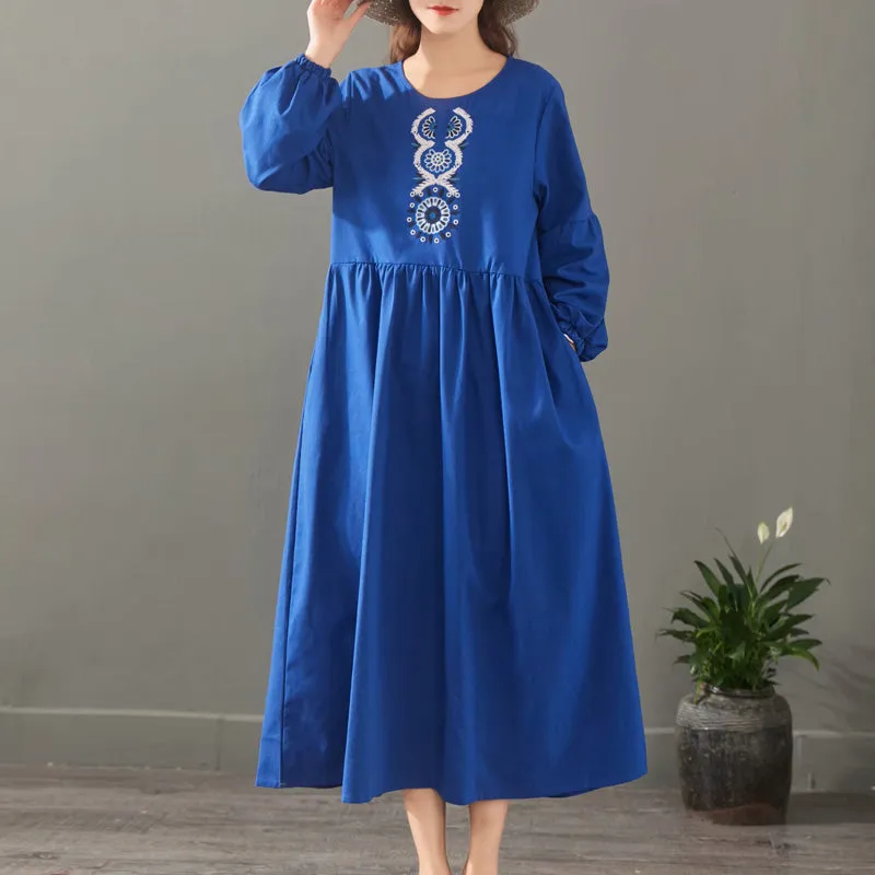 Elegant Pure Color Embroidery Cotton Maxi Dresses For Women 1523