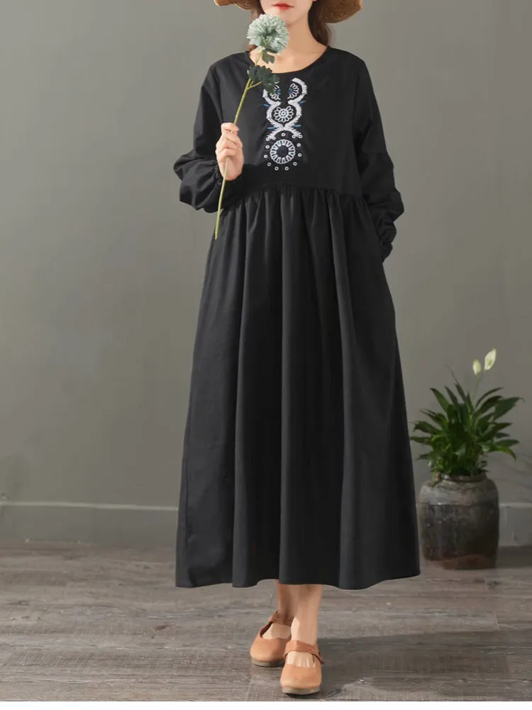 Elegant Pure Color Embroidery Cotton Maxi Dresses For Women 1523