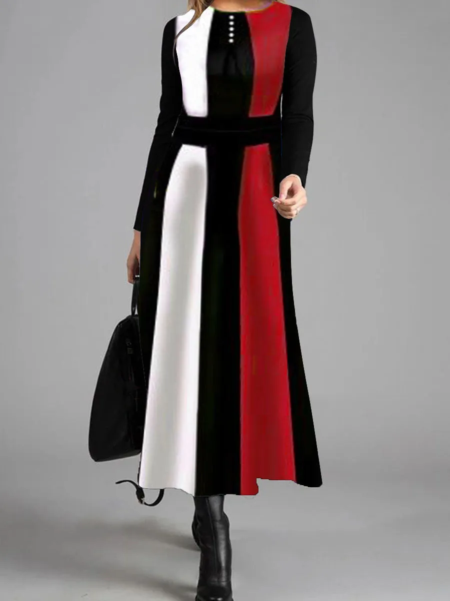 Elegant Retro Color Matching Long Sleeve Maxi Dress