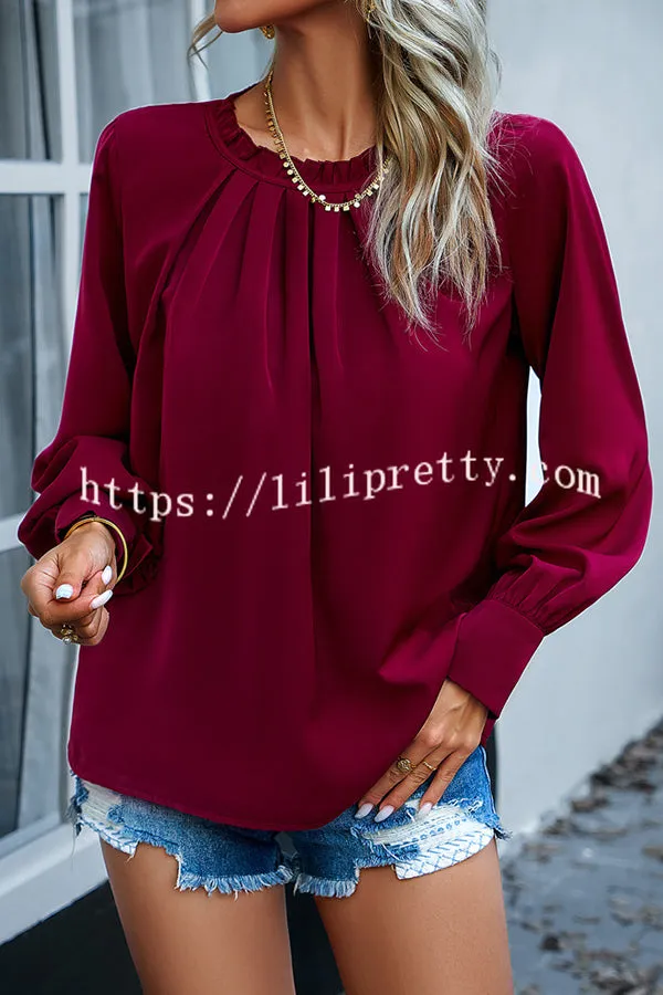 Elegant Round Neck Pleated Long Sleeve Solid Color Top