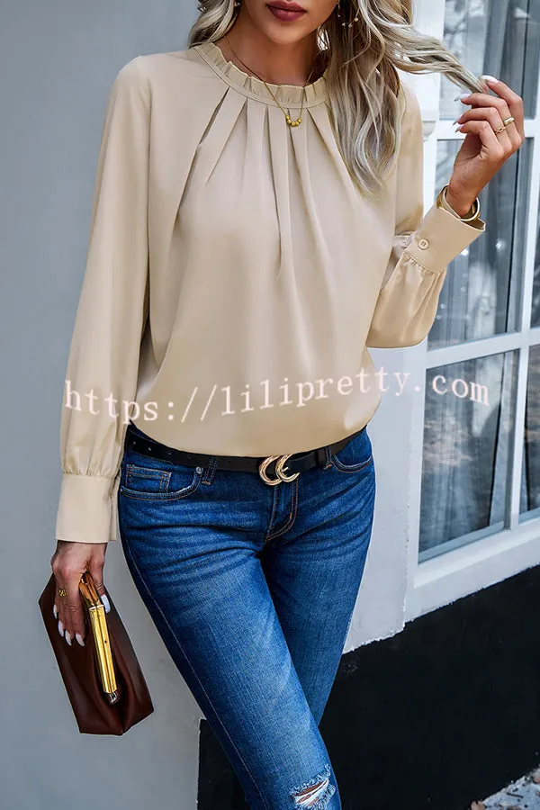 Elegant Round Neck Pleated Long Sleeve Solid Color Top