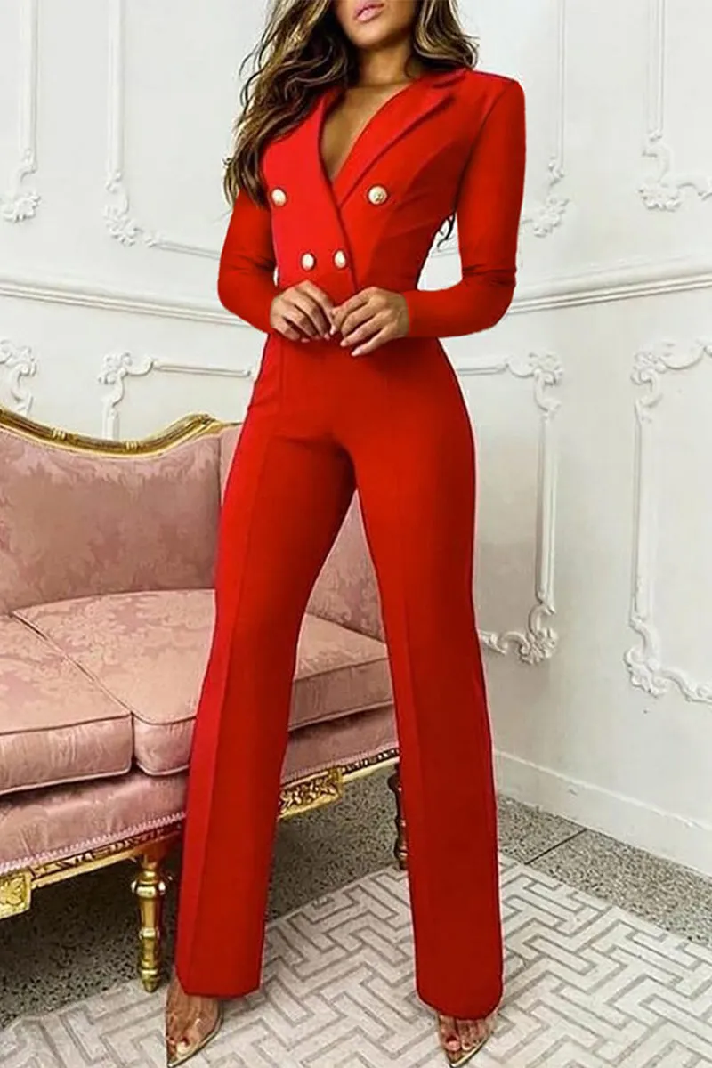 Elegant Solid Buttons Turn-back Collar Regular Jumpsuits