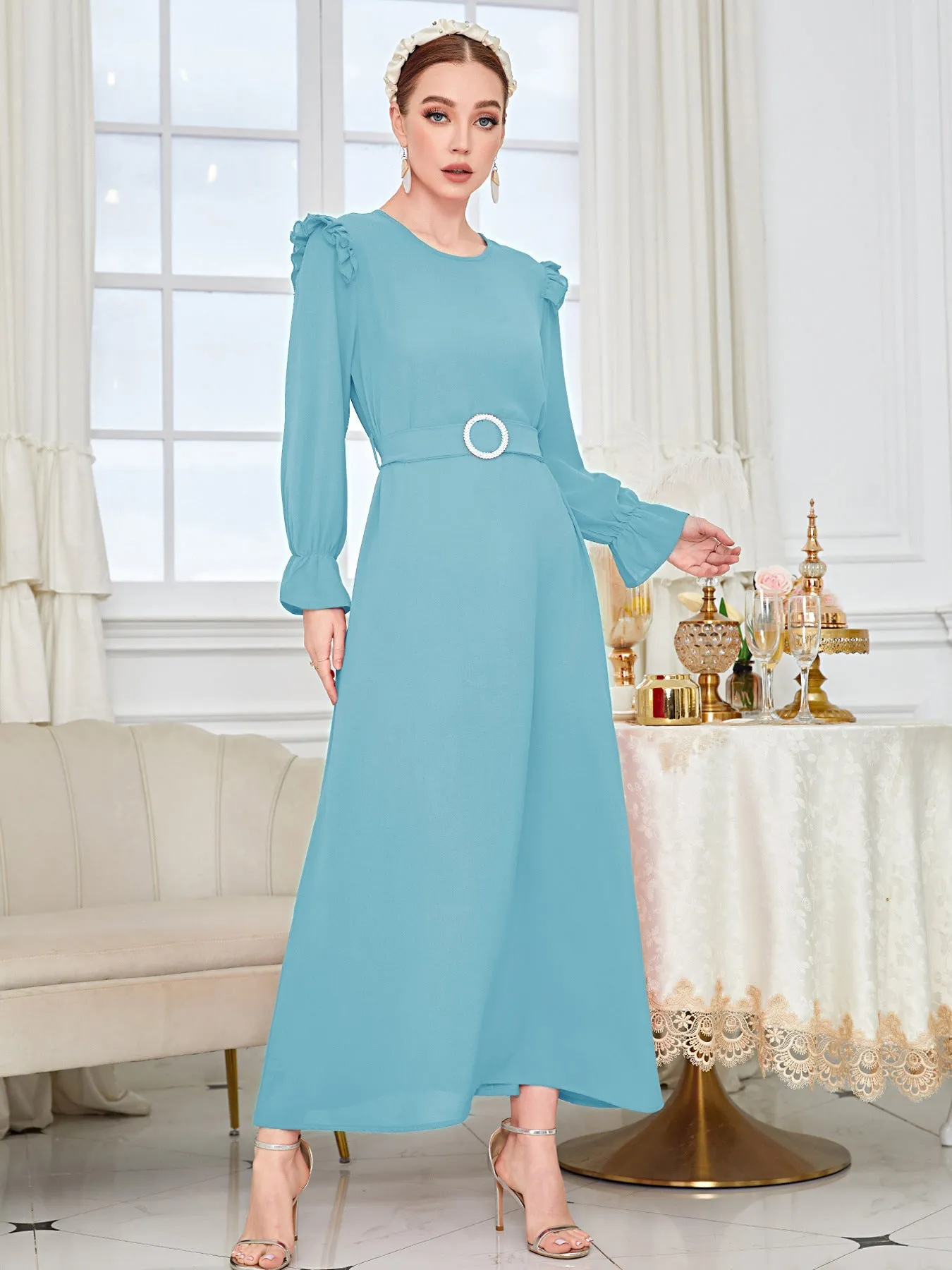 Elegant Solid Color Blue Abaya Dress