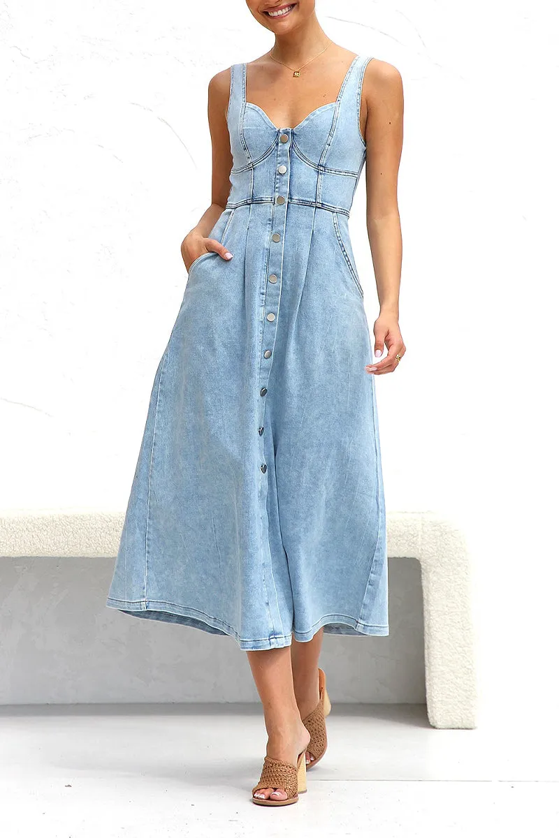 Elegant Solid Make Old Pocket Buckle V Neck Sleeveless Loose Denim Dresses