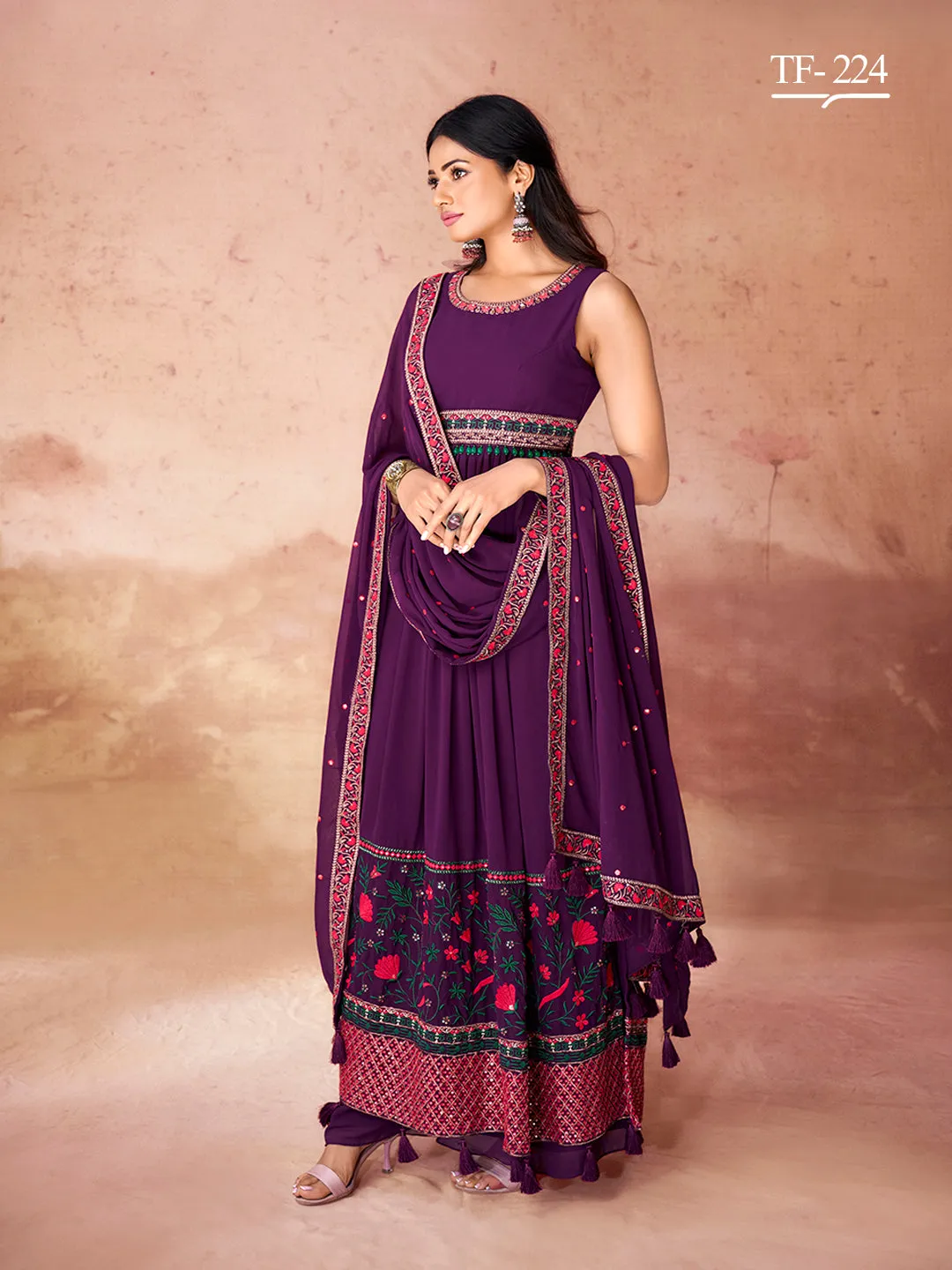 Elegant Wine Color Georgette Salwar Kameez with Dupatta