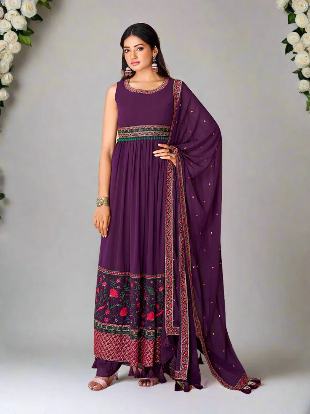 Elegant Wine Color Georgette Salwar Kameez with Dupatta