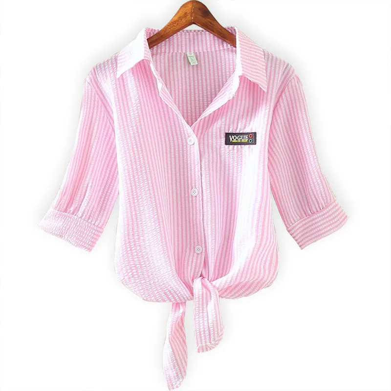 Embroidered Kimono Pinstripe Hem Short Puff Sleeve Blouse