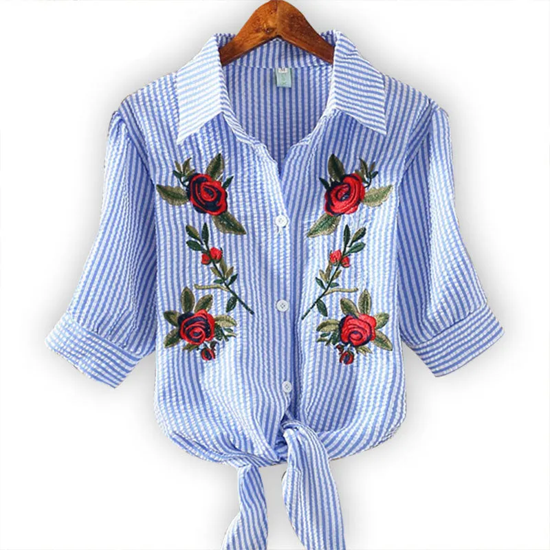 Embroidered Kimono Pinstripe Hem Short Puff Sleeve Blouse