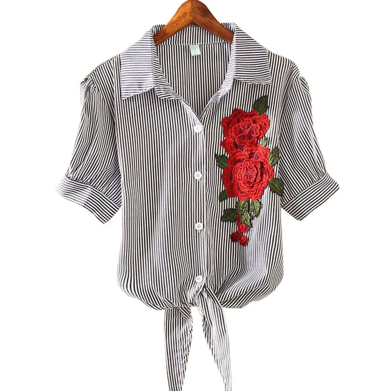 Embroidered Kimono Pinstripe Hem Short Puff Sleeve Blouse