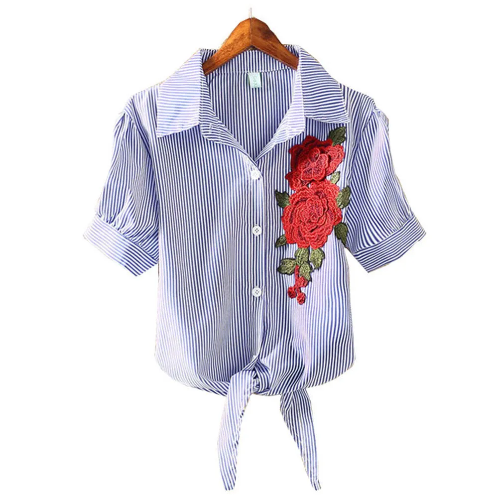 Embroidered Kimono Pinstripe Hem Short Puff Sleeve Blouse