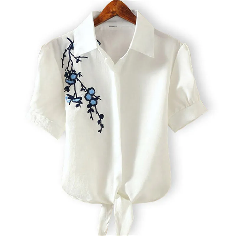 Embroidered Kimono Pinstripe Hem Short Puff Sleeve Blouse