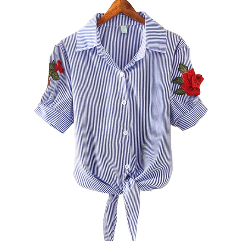 Embroidered Kimono Pinstripe Hem Short Puff Sleeve Blouse