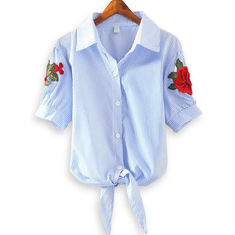 Embroidered Kimono Pinstripe Hem Short Puff Sleeve Blouse