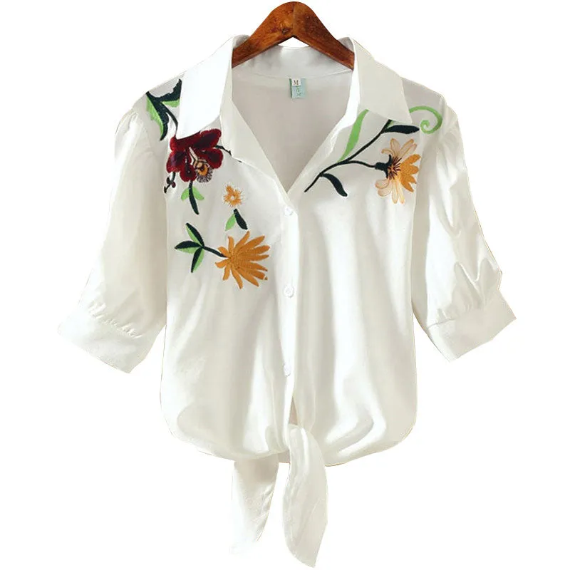 Embroidered Kimono Pinstripe Hem Short Puff Sleeve Blouse