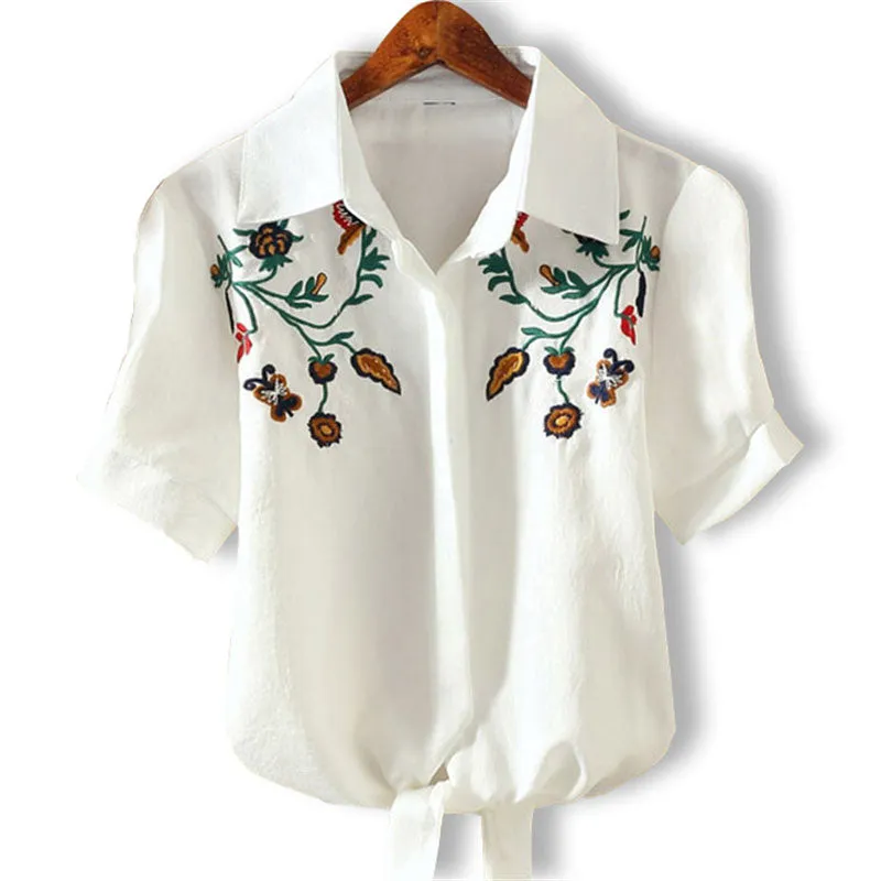 Embroidered Kimono Pinstripe Hem Short Puff Sleeve Blouse