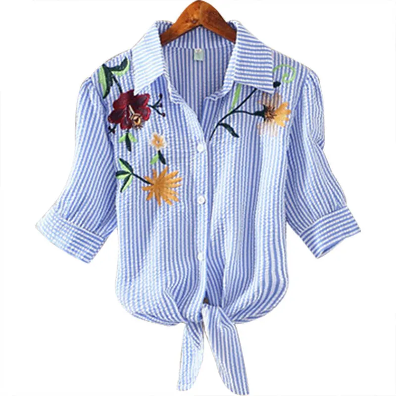 Embroidered Kimono Pinstripe Hem Short Puff Sleeve Blouse